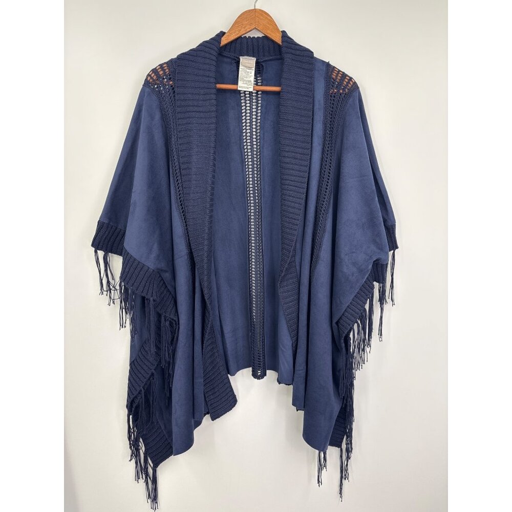 Chico's Faux Suede Fringe Open Cardigan Western Navy Blue One Size